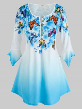 Plus Size Butterfly Floral Print Bell Sleeve Ombre Color Tee