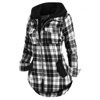 

Plaid Double Zipper Pocket Hooded Shirt Jacket, Black