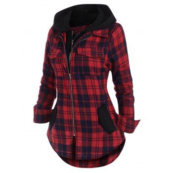 

Plaid Double Zipper Pocket Hooded Shirt Jacket, Red
