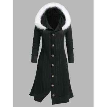 

Plus Size Fluffy Hooded Braid Knitted Coat, Black