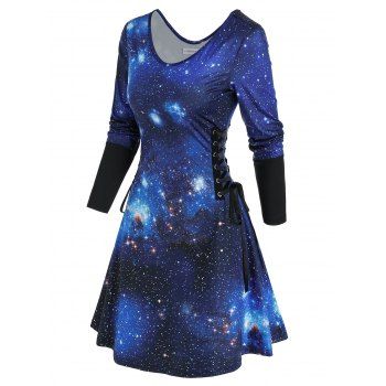 

Galaxy Print Lace Up A Line Long Sleeve Dress, Black