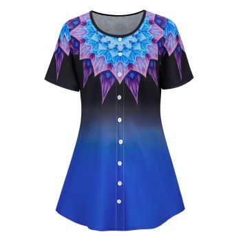 

Plus Size Mock Button Ombre Flower Short Sleeve Tee, Deep blue