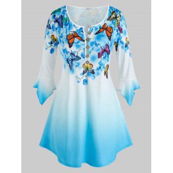 

Plus Size Butterfly Floral Print Bell Sleeve Ombre Color Tee, Blue