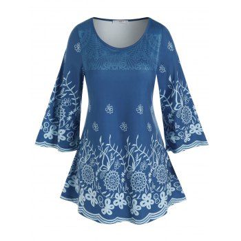 

Plus Size Flower Patterned Casual Tunic Tee, Blue
