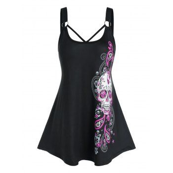 

Plus Size Paisley Skull Print O Ring Tank Top, Black