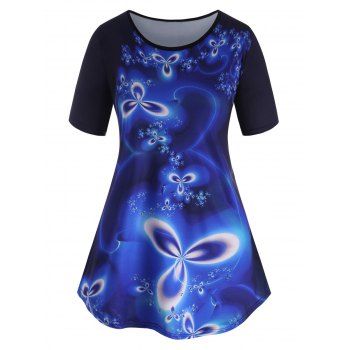 

Plus Size Flower Print Short Sleeve Tee, Blue