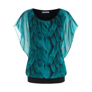 

Plus Size Feather Print Dolman Sleeve Blouson Top, Blue