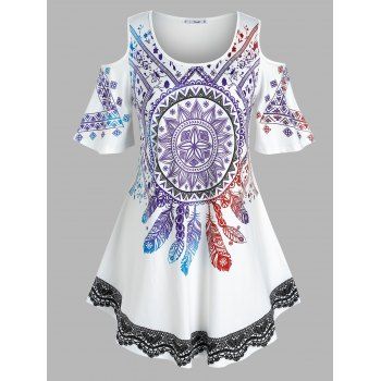 

Plus Size Dreamcatcher Print Cold Shoulder Long Tee, White