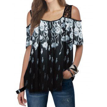 

Lace Panel Flower Print Sheer Cold Shoulder Tee, Black