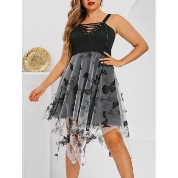 

Plus Size Lace-up Butterfly Embellished Mesh Handkerchief Dress, Black