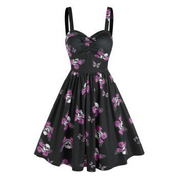 

Sweetheart Neck Skull Butterfly Print Ruched Fit and Flare Dress, Black