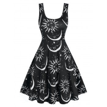 Sun and Moon Print Fit and Flare Dress, Black