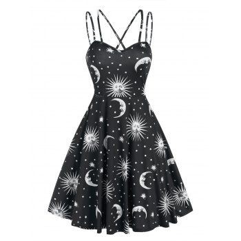 

Crisscross Sun and Moon Print Flare Dress, Black