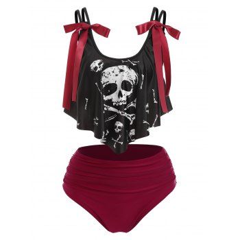 

Gothic Tankini Swimsuit Skull Print Bathing Suit Bowknot Ruched Tummy Control Swimwear, Black