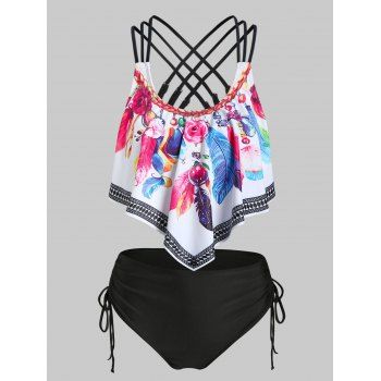 

Feather Print Strappy Cinched Padded Tankini Set, Black