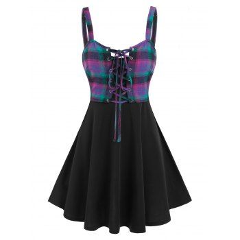 

Retro Plaid Lace Up Cami Top and Plain Cami Flare Dress Set, Light purple