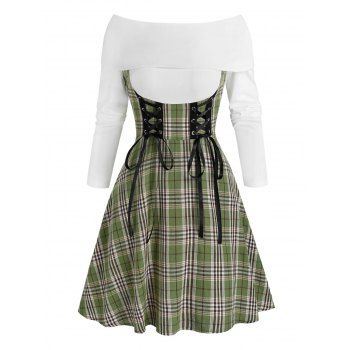 

A Line Mini Dress Lace Up Plaid Off the Shoulder Foldover Long Sleeve High Waist Dress, Multicolor