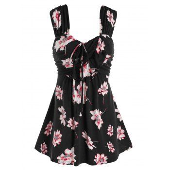 

Flower Print Bowknot Ruched Tank Top, Black