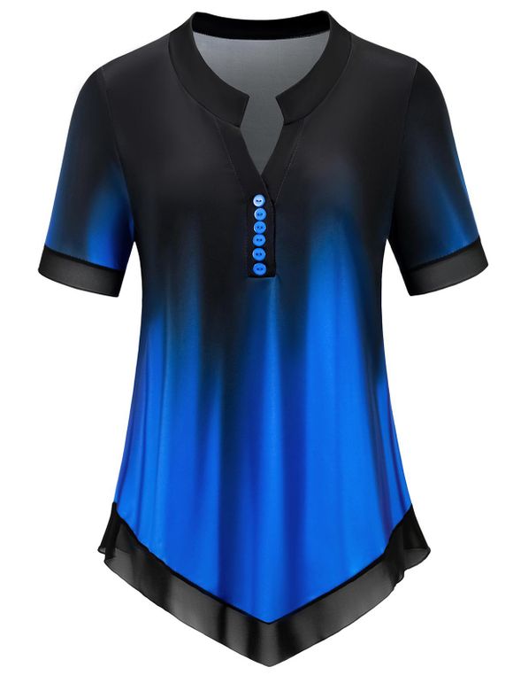 T-shirt Ombre Tie-Dye à Coupe en V à Manches Courtes Grande Taille - Bleu 5XL