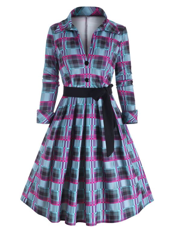 Robe Ceinturée à Tartan avec Bouton - Vert profond 2XL