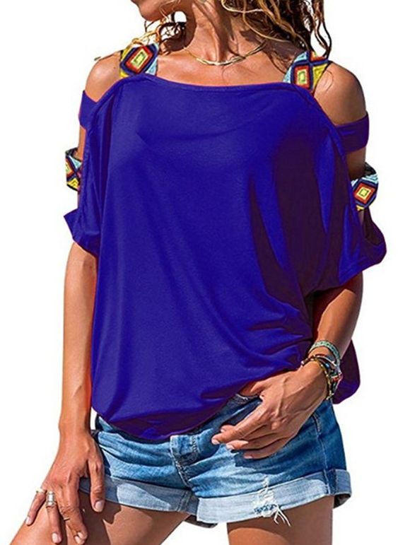 T-Shirt à Épaules Dénudées avec Découpes Motif Ethnique - Bleu L