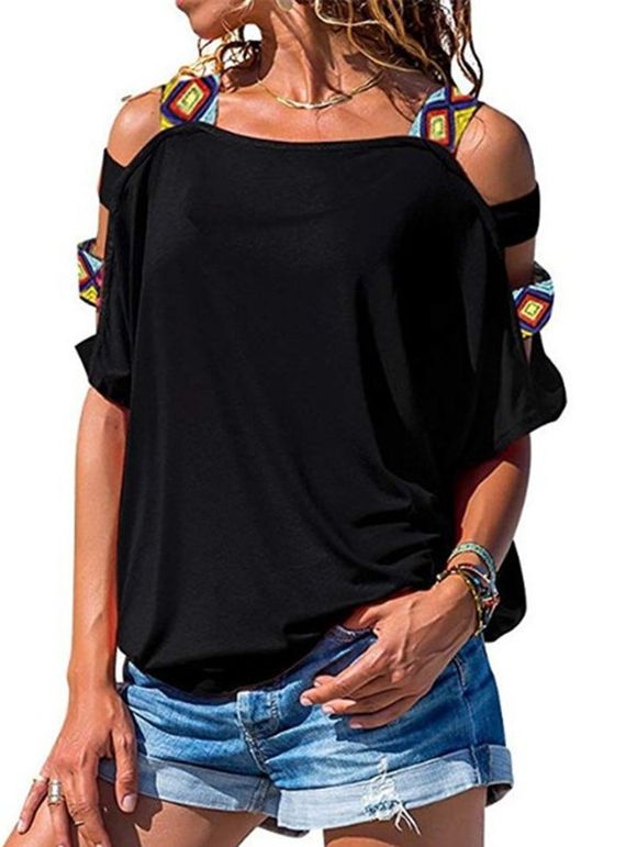 T-Shirt à Épaules Dénudées avec Découpes Motif Ethnique - Noir 2XL