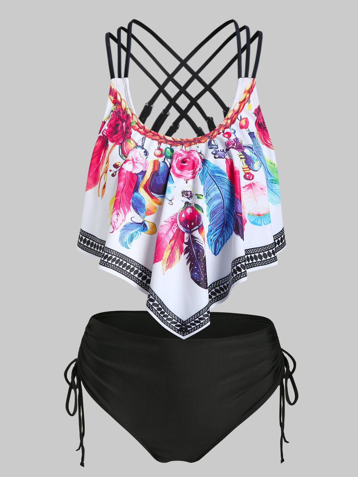 Bohemian Feather Print Swimwear Strappy Criss Cross Cinched Tankini Swimsuit - BLACK XXXL