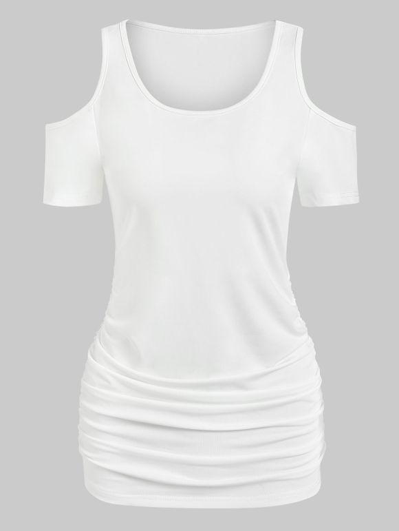 T-shirt Tunique Plissée Basique à Epaule Dénudée - Blanc XL