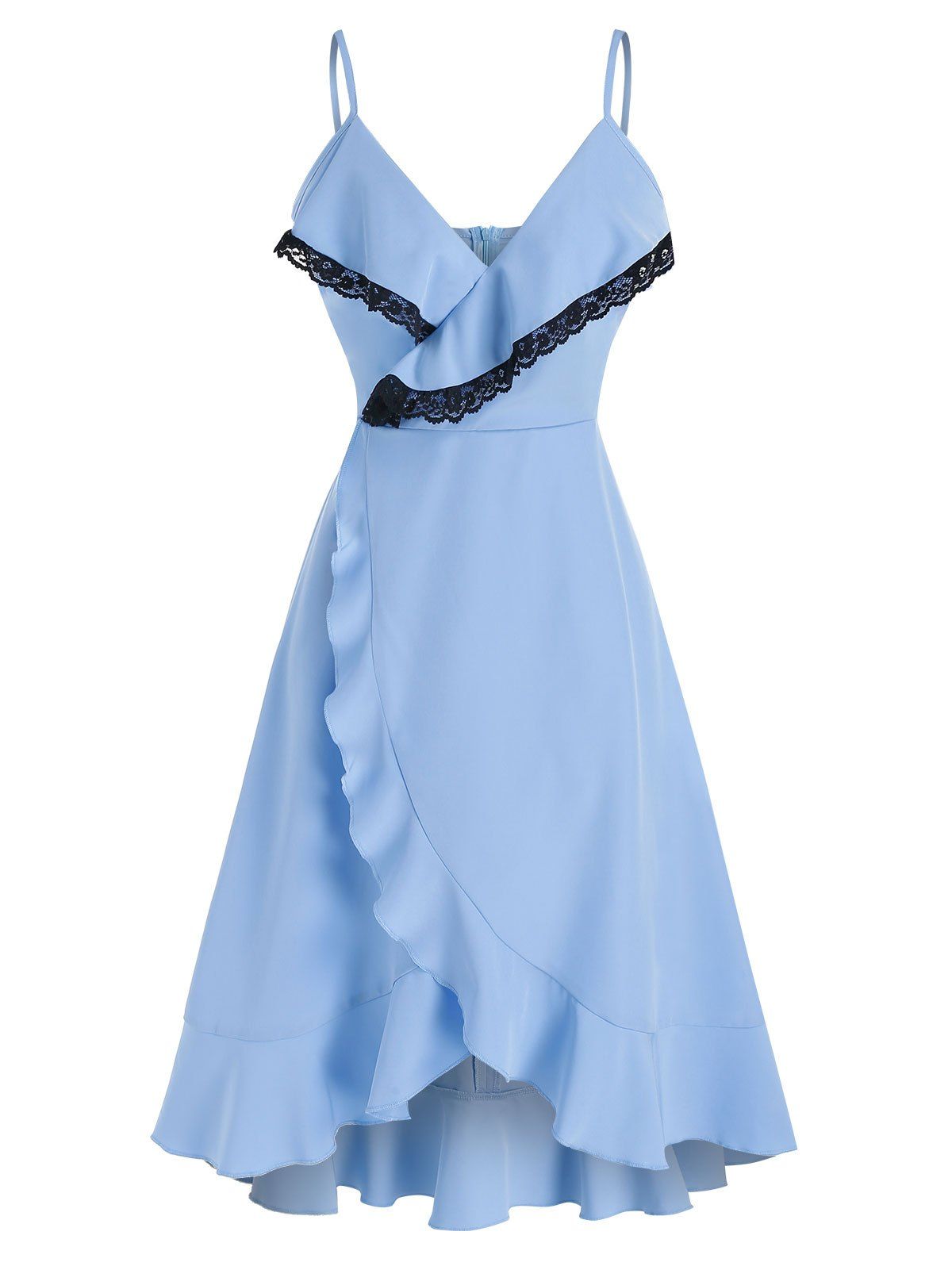 High Low A Line Dress Ruffle Low Cut Surplice Lace Insert Overlap Strappy Dress - LIGHT BLUE L
