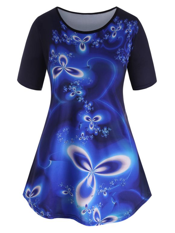 T-shirt Fleur Inspirée de Grande Taille à Manches Courtes - Bleu 5XL