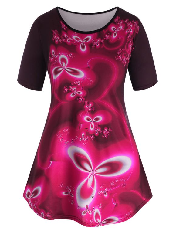 T-shirt Fleur Inspirée de Grande Taille à Manches Courtes - Rouge 5XL