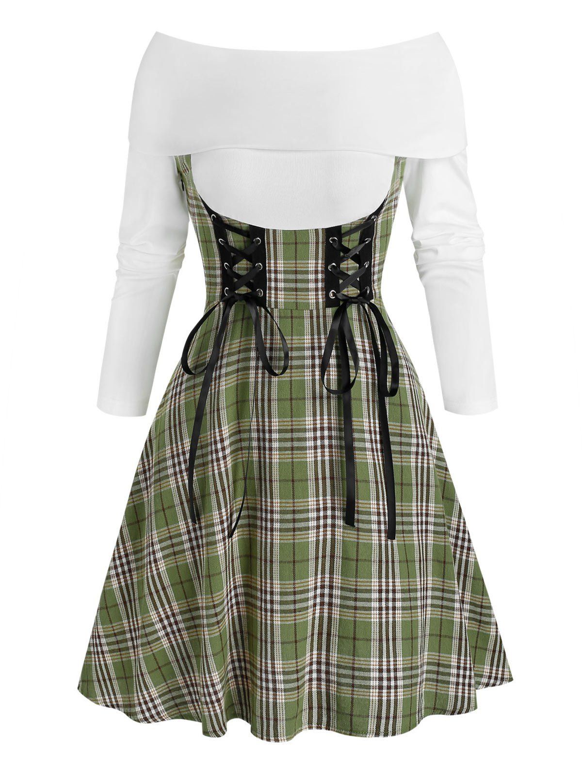 A Line Mini Dress Lace Up Plaid Off the Shoulder Foldover Long Sleeve High Waist Dress - multicolor XL