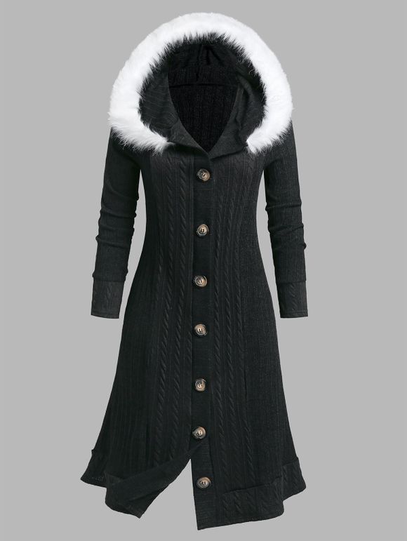 Manteau à Capuche Tricoté Fourré de Grande Taille - Noir 1X