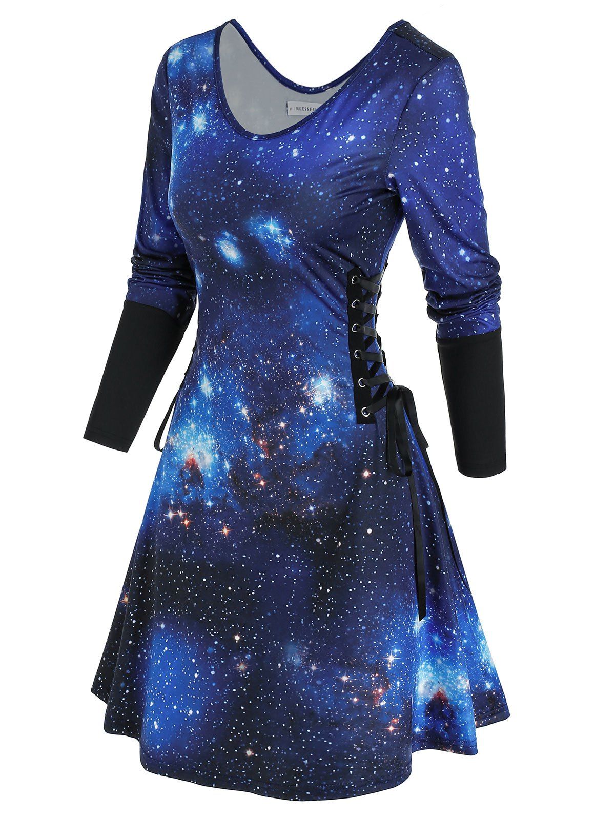 Galaxy Print Lace Up A Line Long Sleeve Dress - BLACK XL