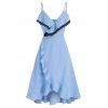 High Low A Line Dress Ruffle Low Cut Surplice Lace Insert Overlap Strappy Dress - LIGHT BLUE L