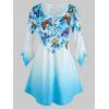 T-shirt en Couleur Ombrée Fleuri à Imprimé Papillon à Manches de Cloche de Grande Taille - Bleu 1X