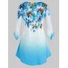 T-shirt en Couleur Ombrée Fleuri à Imprimé Papillon à Manches de Cloche de Grande Taille - Bleu 1X