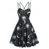 Robe Evasée Croisée à Imprimé Lune et Soleil - Noir L