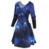 Galaxy Print Lace Up A Line Long Sleeve Dress - BLACK XXL