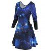 Mini Robe en Ligne A à Imprimé Galaxie à Lacets à Manches Longues - Noir XXXL