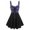 Robe Simple à Bretelle à Carreaux et de Débardeur Rétro Imprimé à Lacets - Violet clair M