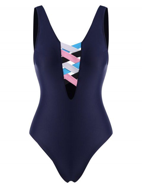 Colorblock Criss Cross Open Back One-piece Swimsuit