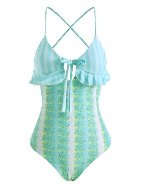 Maillot de Bain Rayé Fleuri avec Nœud Papillon à Lacets Une-Pièce