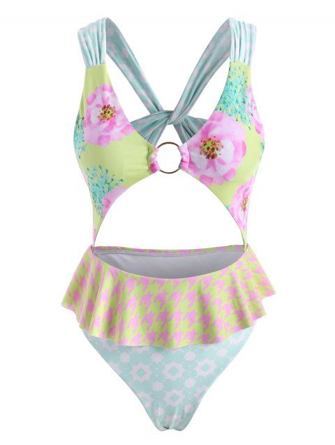 Maillot de Bain Péplum Croisé Etoile Découpé Tordu Fleur Une-Pièce