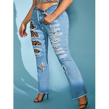Image of Leopard Plaid Panel Ripped Frayed Plus Size Flare Jeans