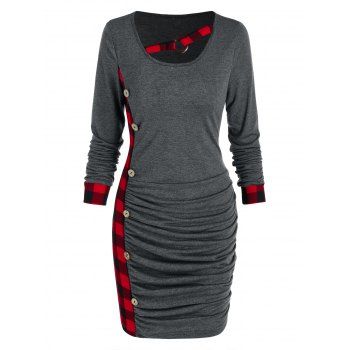 

Plaid Ruched Bodycon Dress, Dark gray
