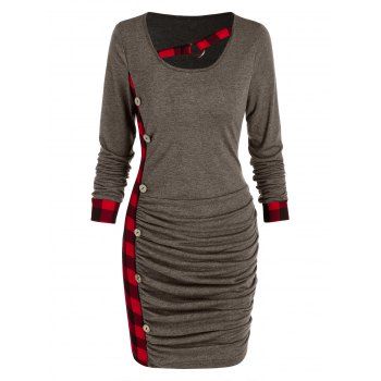 

Plaid Ruched Bodycon Dress, Coffee