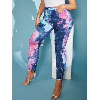 

Camo Tie Dye Ripped Plus Size Pants, Blue