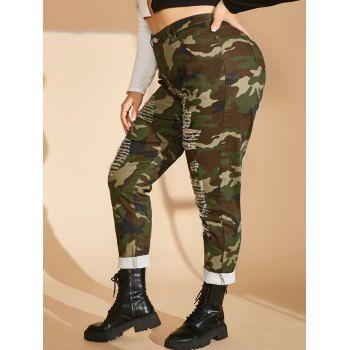 

Camo Tie Dye Ripped Plus Size Pants, Deep green