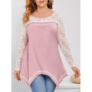 

Plus Size Hanky Hem Flower Lace Insert T-shirt, Pink rose